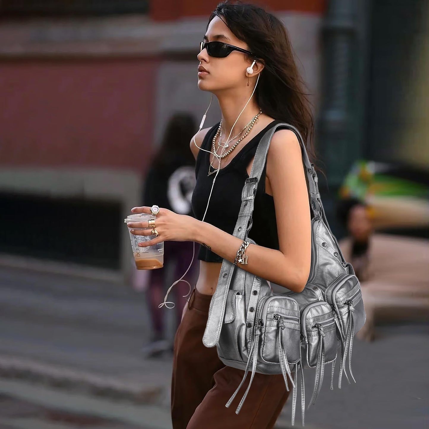 Angel Kiss Hobo Bags Purse for Women Y2K Shoulder Bag Multi Pockets Designer Satchel Studded Handbags with Strap