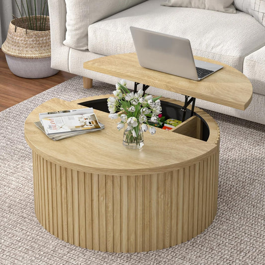 Fsbecl Round Fluted Lift Top Coffee Table with Storage, 34.6'' Farmhouse Round Coffee Tables for Living Room, Circle Wood Accent Center Table for Home, Office, Cafe (Wood Color)