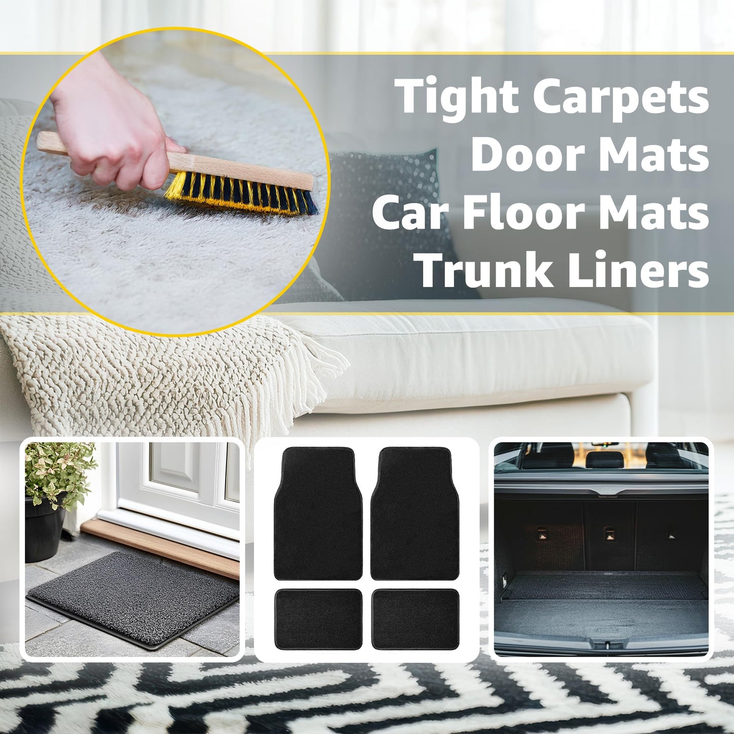 Carpet Cleaning Brush, Scrub Brush with Handle for Floor Mats, Rug Brush, Heavy Duty Carpet Cleaner Brush, Nylon Upholstery Brush for Indoor and Outdoor, Stiff Bristle Car Carpet Brush, Yellow