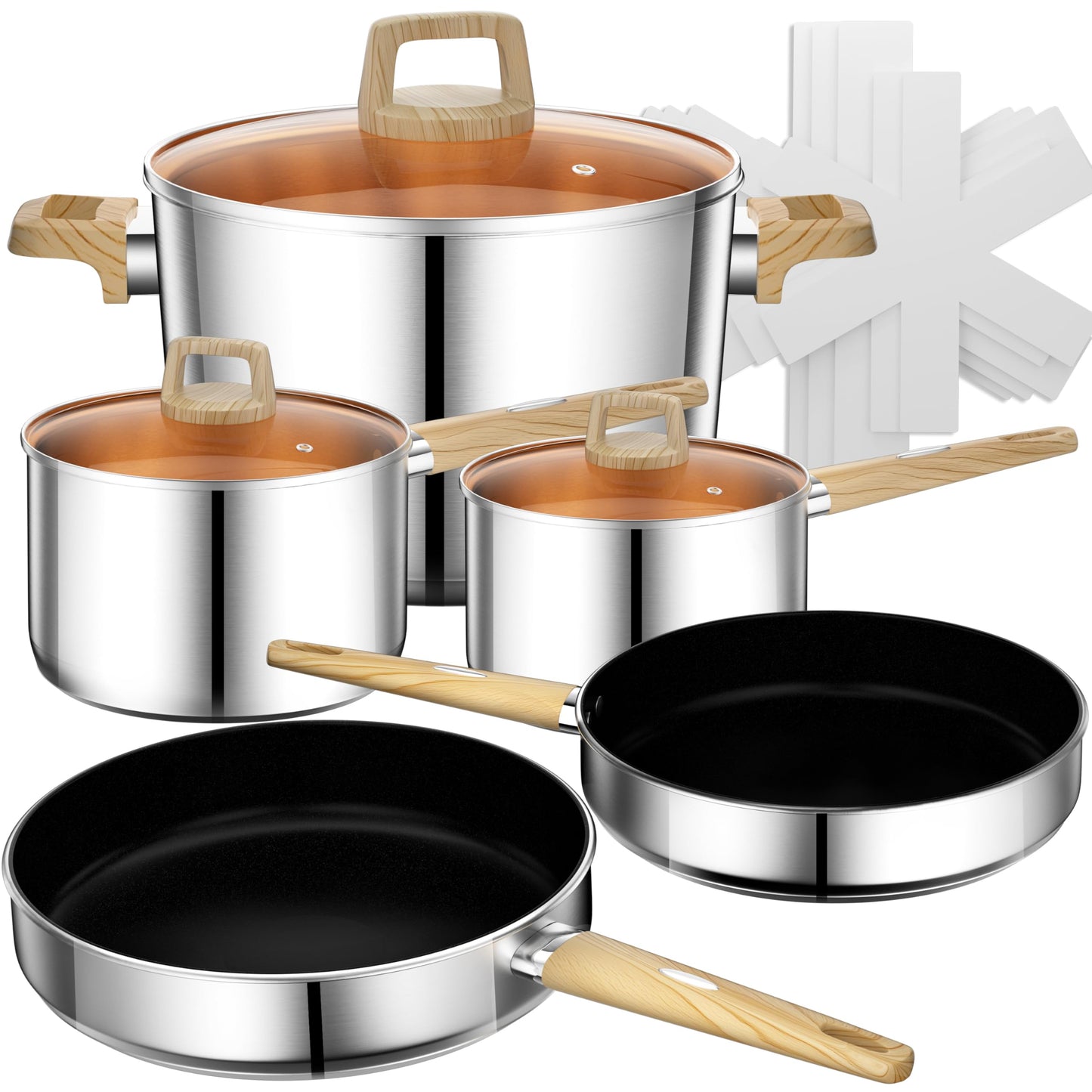 Stainless Steel Pots and Pans Set, 13 Pcs Cookware Set, RV Kitchen Cooking Set w/Non Stick Frying Pans & Saucepans & Lids & Stay-cool Wooden Handle, Induction Oven Dishwasher Safe, Non Toxic