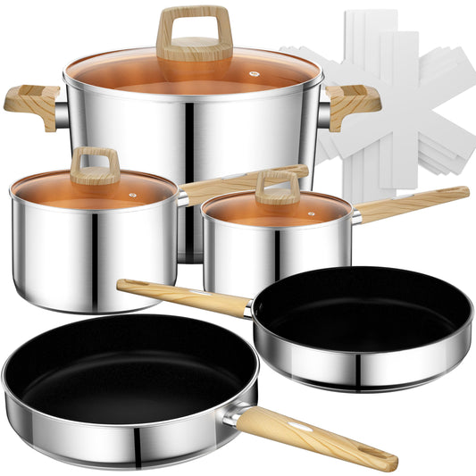 Stainless Steel Pots and Pans Set, 13 Pcs Cookware Set, RV Kitchen Cooking Set w/Non Stick Frying Pans & Saucepans & Lids & Stay-cool Wooden Handle, Induction Oven Dishwasher Safe, Non Toxic