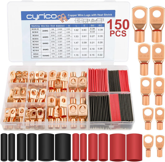 200pcs Battery Cable Ends, Copper Wire Lugs AWG 2 4 6 8 10 Gauge - 100Pcs Battery Cable Lugs Ring Terminal Connectors with 100Pcs Heat Shrink Assortment Kit for Marine Automotive Electrical Supplies