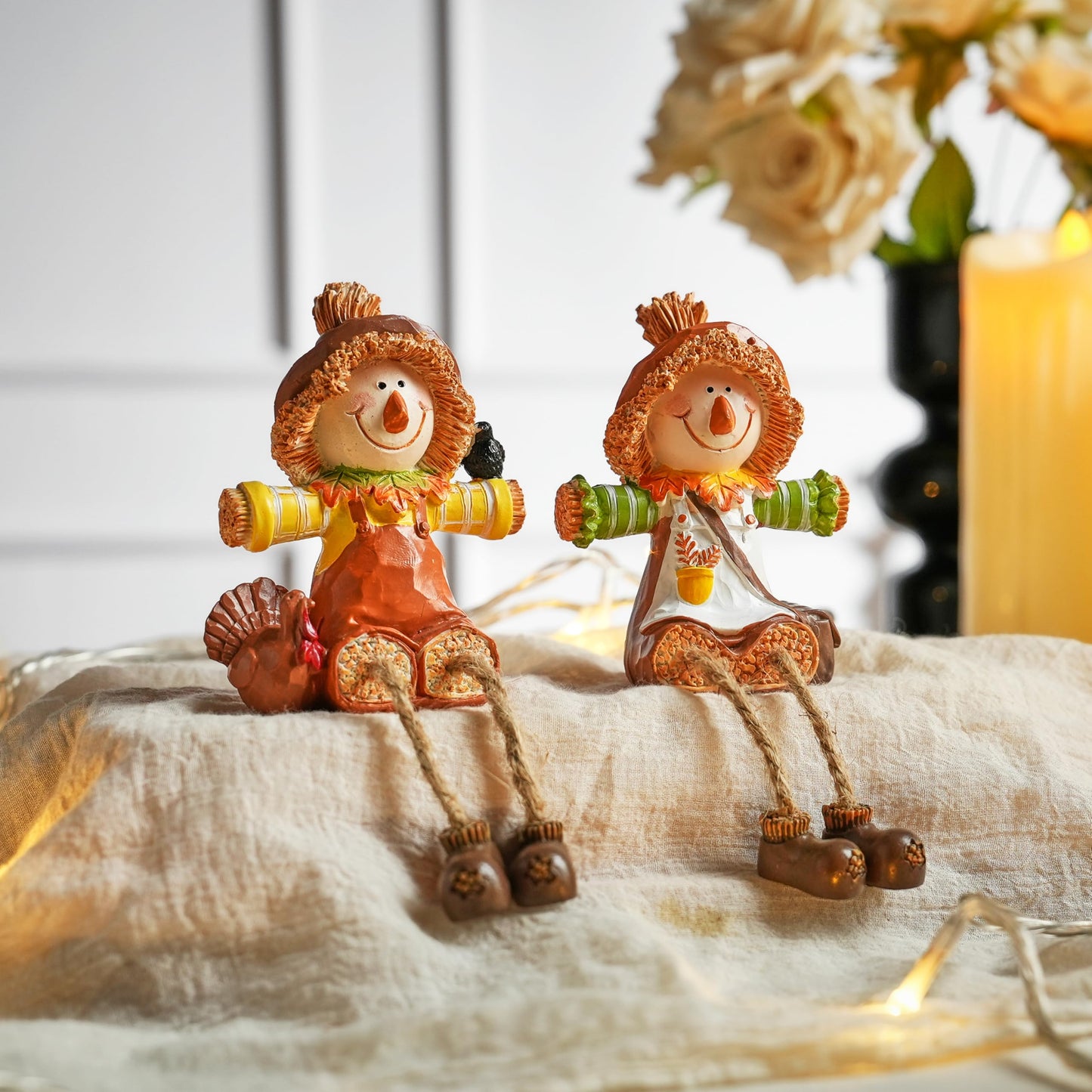 FESTGLOX Scarecrow Fall Decor, 2Pcs Harvest Scarecrow Figurines Indoor Fall Shelf Sitters with Dangling Legs, Resin Small Scarecrow for Autumn Thanksgiving Tabletop, Fireplace, Farmhouse Decor
