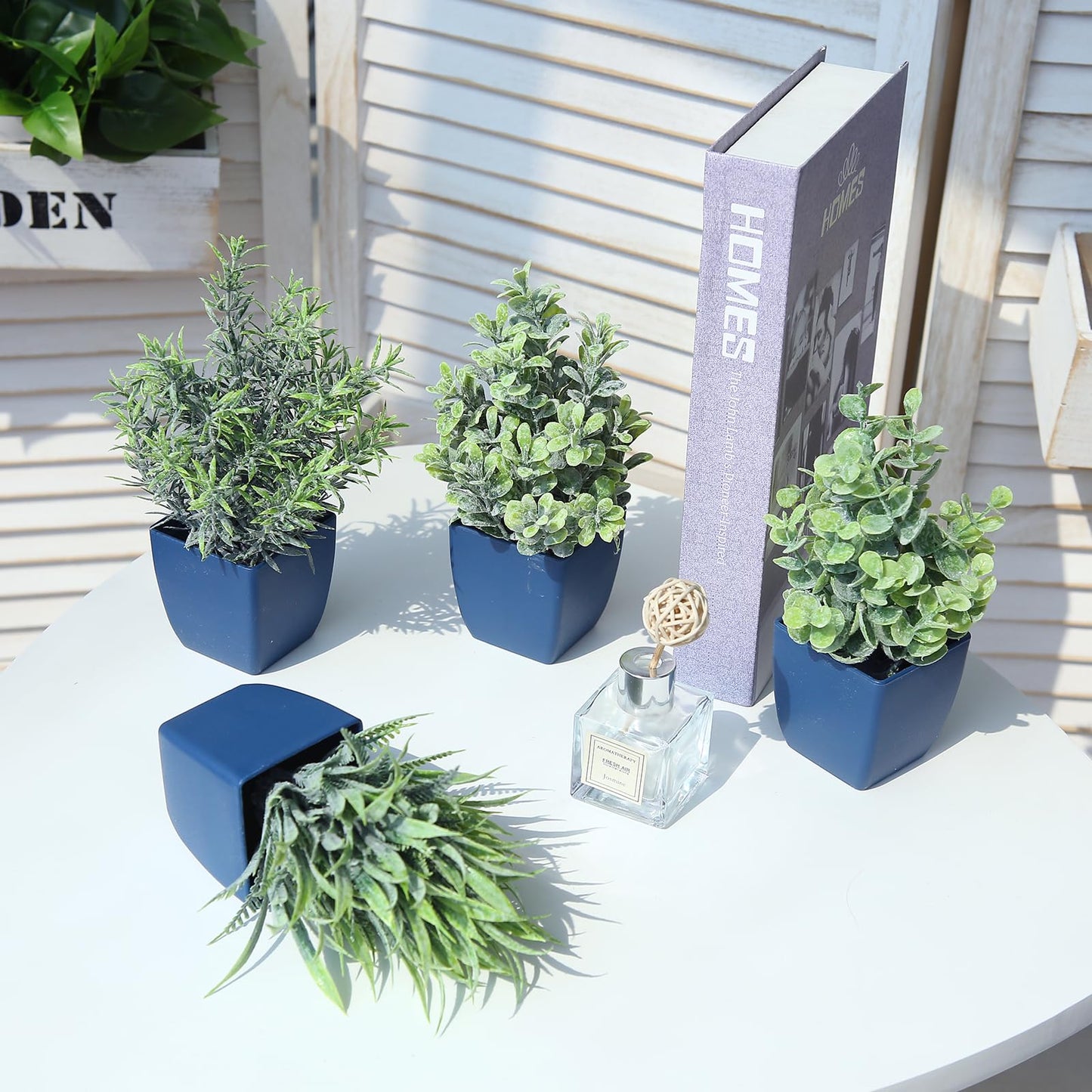 summer flower Set of 4 Fake Plants in Pot Small Artificial Eucalyptus Potted Plant Mini Wheat Grass Ferns Faux Greenery for Home Indoor Office Table Bathroom Farmhouse Decorations Blue