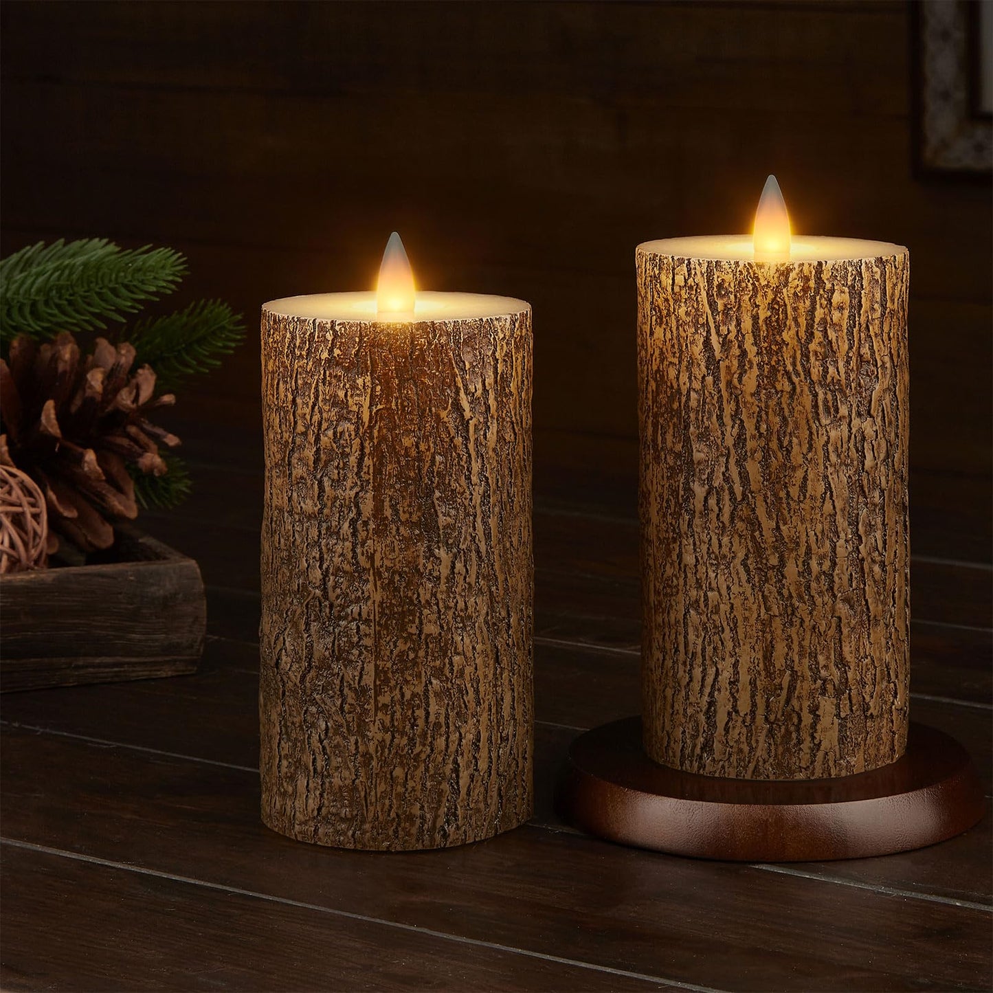 CozierGlow Brown Bark Wax Flameless Pillar Candles with Remote Timer, 3D Moving Flame Led Candles up to 400 Hours with 2AA Batteries, Set of 2(3''x6''), Remote Included (Brown).