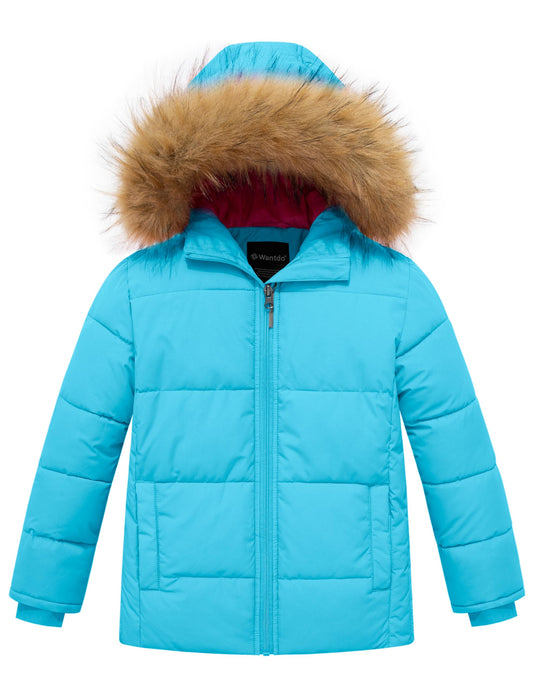 wantdo Girls' Windproof Winter Coat Warm Puffer Jacket Fleeced Coat with Faux Fur hood Sapphire Blue 8