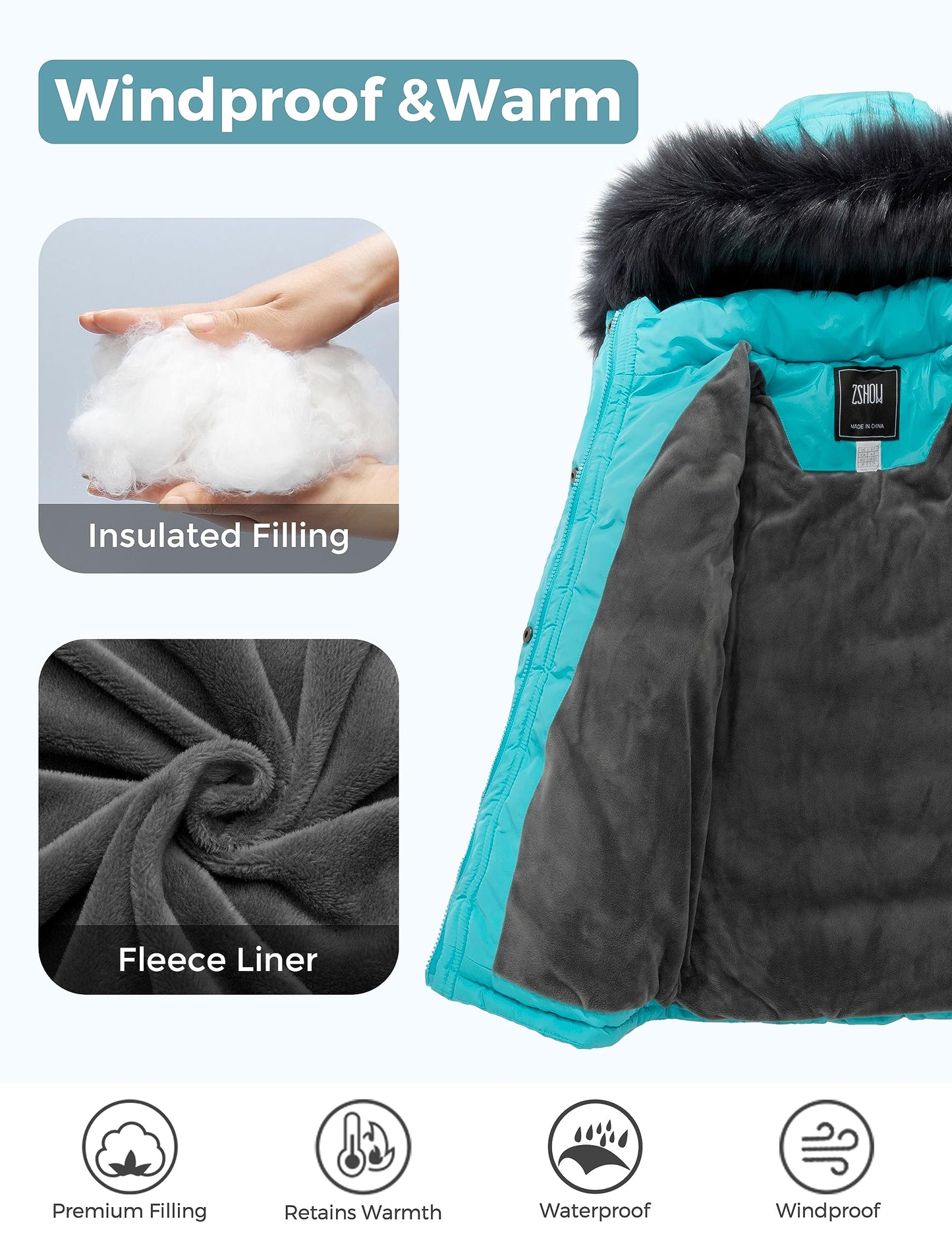 ZSHOW Girls' Puffer Coat Padded Warm Winter Jacket Removable Hooded Coat(Light Blue,14-16)