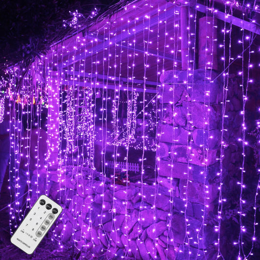WATERGLIDE 300 LED Curtain Lights, Remote Control Christmas Hanging String Lights, 8 Lighting Mode, Plug in for Indoor Outdoor Halloween Holiday Party Garden Backdrop Wedding Home Decor, Purple