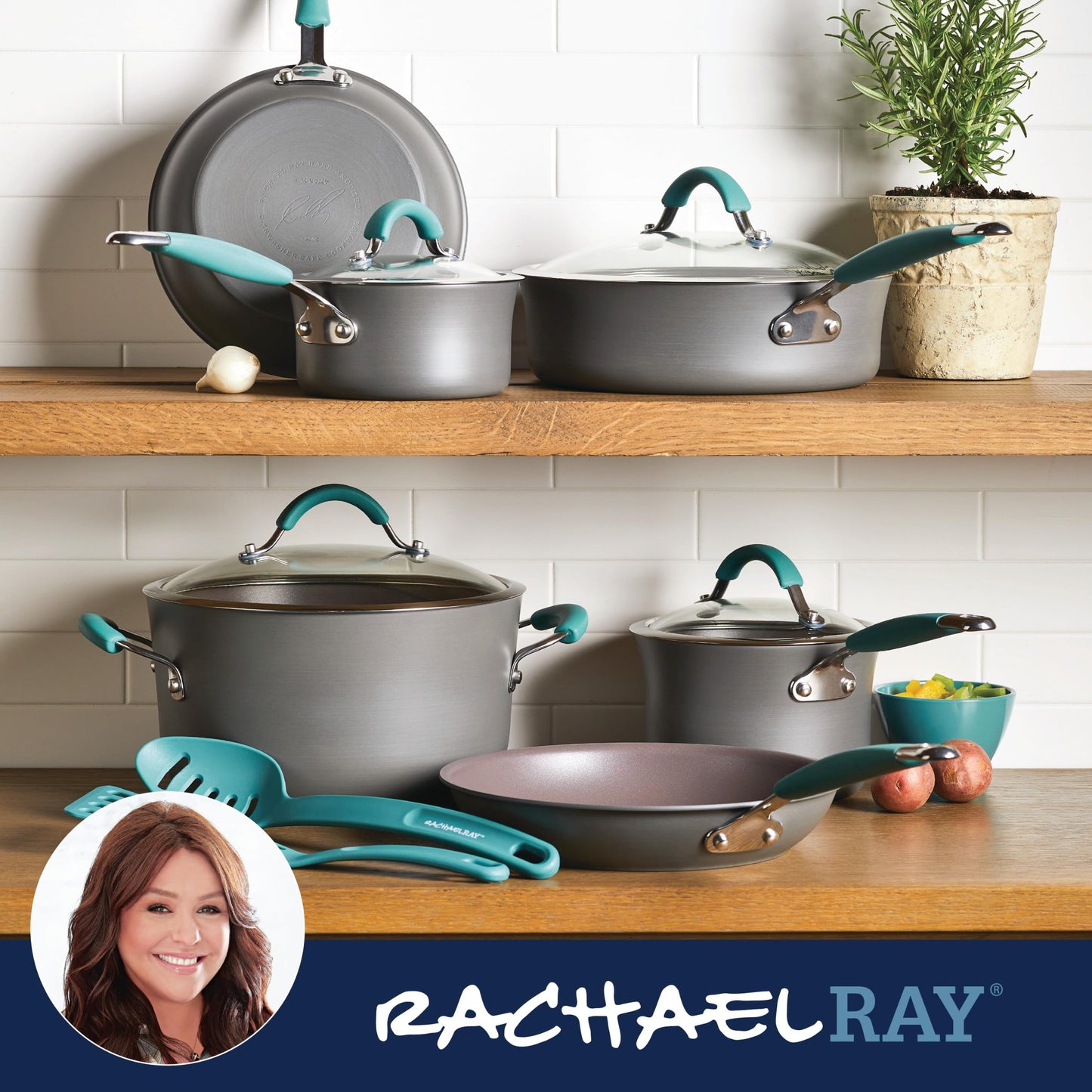 Rachael Ray Cucina Hard Anodized Nonstick Cookware Pots and Pans Set, 12 Piece, Gray with Blue Handles