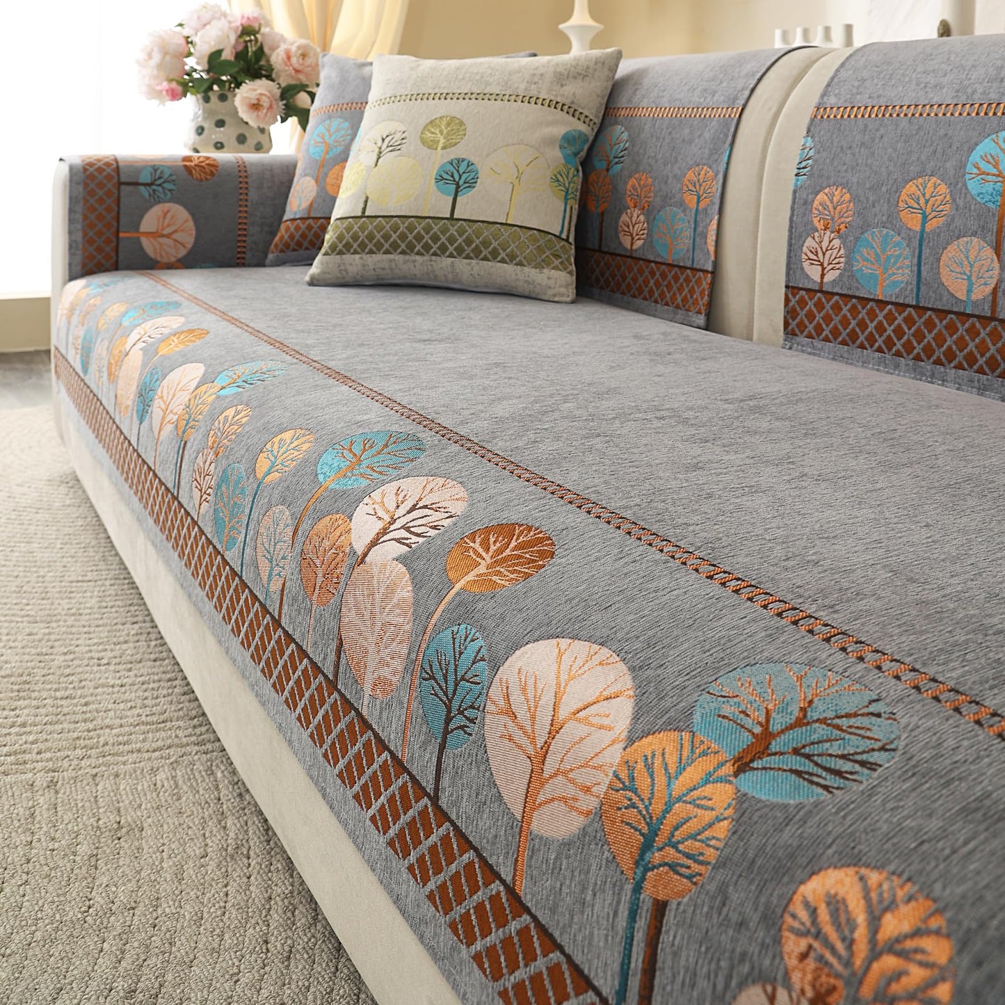 Aucrovee Chenille Boho Jacquard Couch Cover, Washable Sectional Sofa Covers for 3 Cushion Couch Sofa L Sharped Sofa, Non Slip Furniture Protector Slipcover (1 PCS 36"x82" Grey)