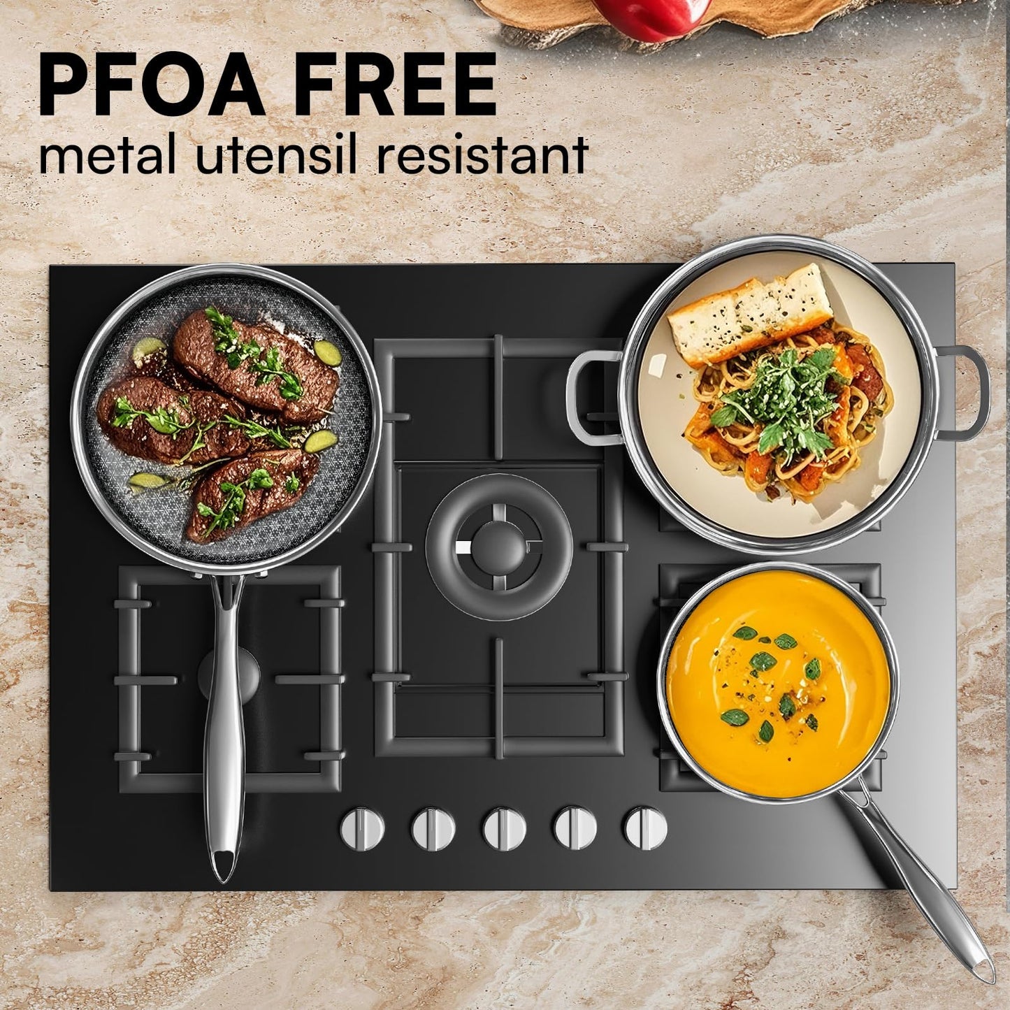 KURRUNGIE Stainless Steel Cookware Set, 15 Pcs Hybrid Pots and Pans Set Non Stick, Kitchen Frying Pans, Saucepans & Stock Pot with Glass Lid, Dishwasher-Safe, Induction Compatible, Non-Toxic