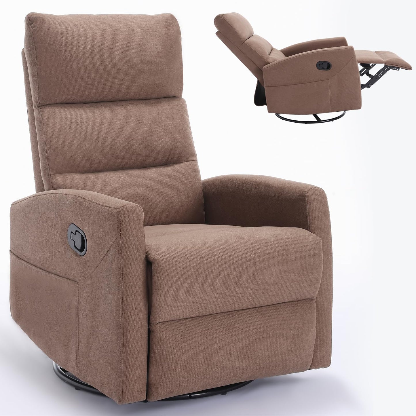 KEIKI Swivel Rocker Recliner Chair with Adjustable Backrest & Pockets, Ergonomic Lounge Sofa Chair for Living Room Bedroom, Brown