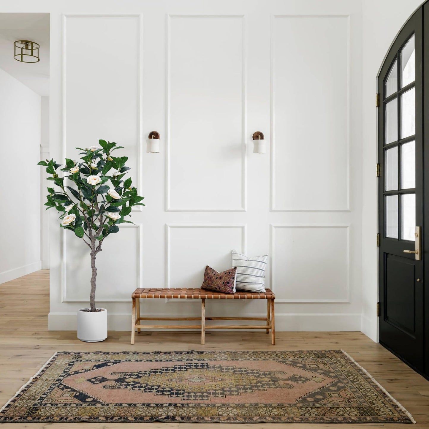 Jocoevol Artificial Camellia Tree 4ft, 2 Pack Indoor Fake Plant with Realistic Trunk, Leaves, Flowers and White Planter, Faux Potted Tree for Home Decor and Housewarming Gift