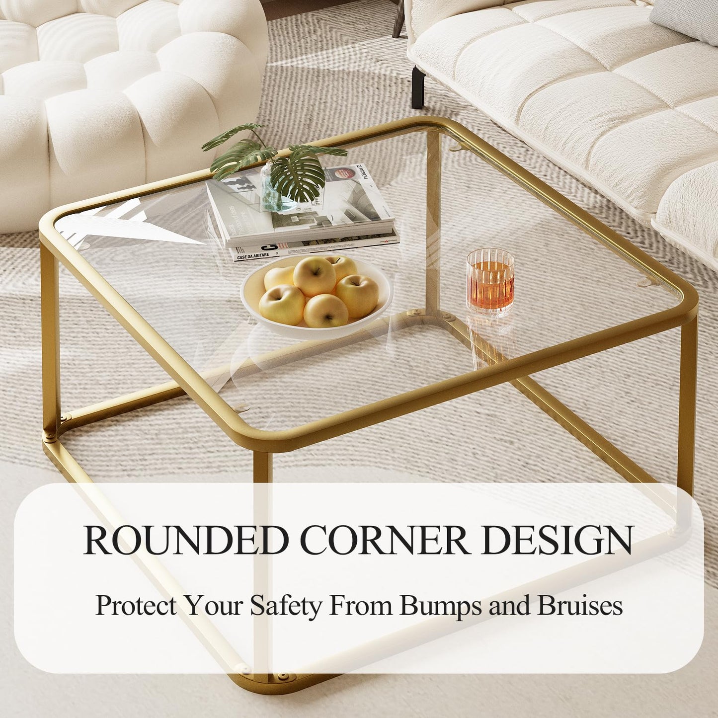 Coffee Table Glass, Minimalist Square Tables for Living Room, Modern Center Table for Office or Small Space, Tempered Glass, Sturdy Metal Frame, Easy Assembly, 26.4 x 26.4 x 15.7 Inches, Gold