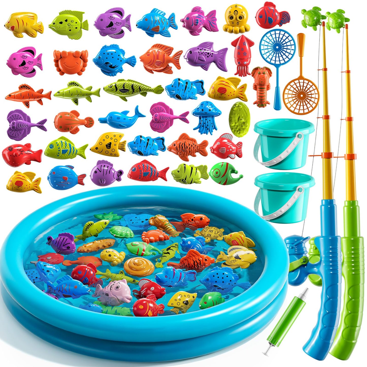 Magnet Fishing Toys Game for Kids 3-5 - Floating Fish Toys with Inflatable Kiddie Pool, Bath Toys for Toddlers, Pole Rod Net, Outdoor Party Toys for Boys Girls Kids Age 3 4 5 6 7 8 Year Old