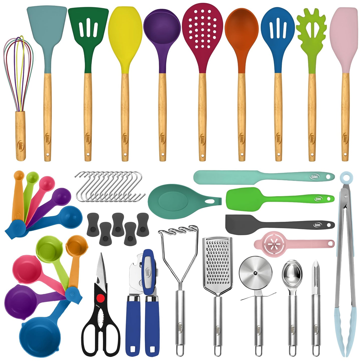 Kaluns 50 PCS Silicone Kitchen Utensils Set Complete Kitchen Set - 800°F Heat Resistant Non-Stick Premium Silicone Cooking Utensils W Wooden Handles - Can Opener, Masher, Turner, Silicone Spatula Set