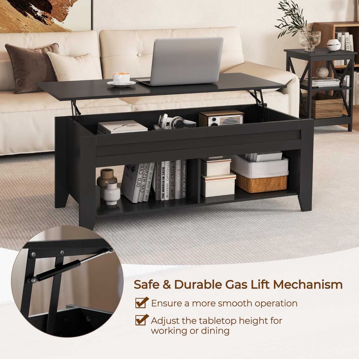 Yaheetech Black Coffee Table, Lift Top Coffee Tables with Hidden Storage Compartment & Open Shelf, Lift Tabletop Pop-Up for Living Room Reception, 47.5inch L