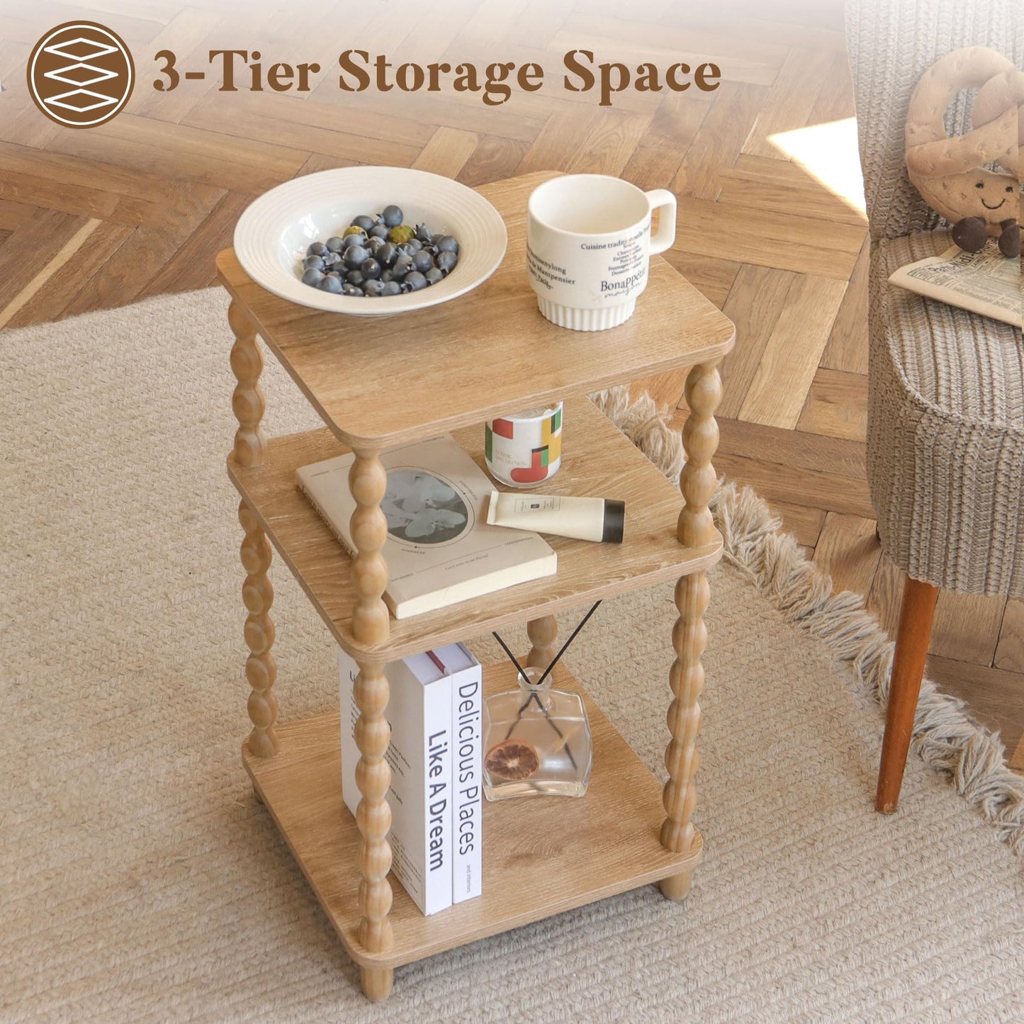 Fultyle End Table, Modern Side Table with 3 Tier Open Shelf, Small Table Bed Side Tables Bedroom for Small Spaces, Living Room and Office (Rustic Walnut)