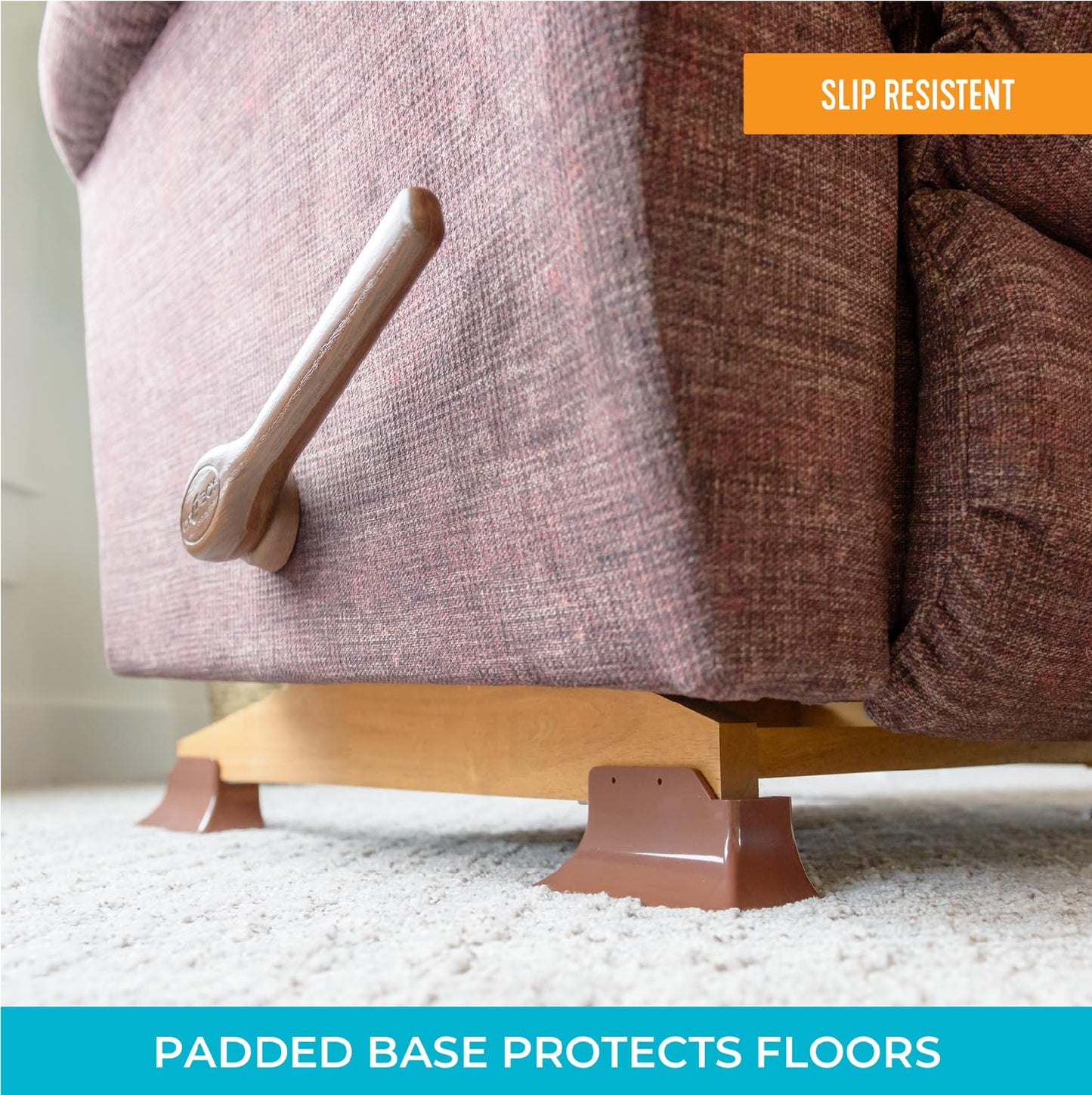 Stander Recliner Risers, Non-Slip Chair Lifters for Adults, Seniors, and Elderly, Low Profile Seat Raiser for Sitting and Standing Assistance, Compatible with Wooden Base Recliners, Set of 4, Brown