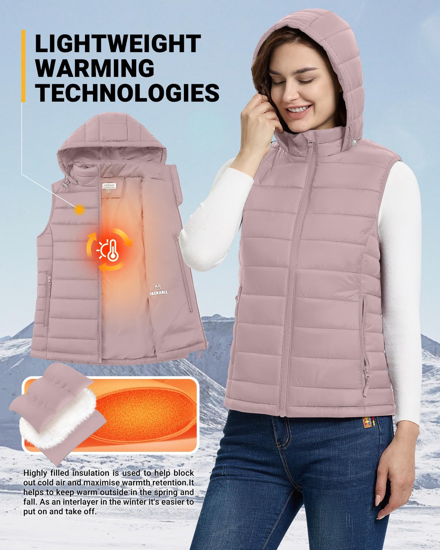 Outdoor Ventures Women's Lightweight Packable Hooded Puffer Vest Outerwear Zip Up Warm Sleeveless Winter Jacket Quilted Coat