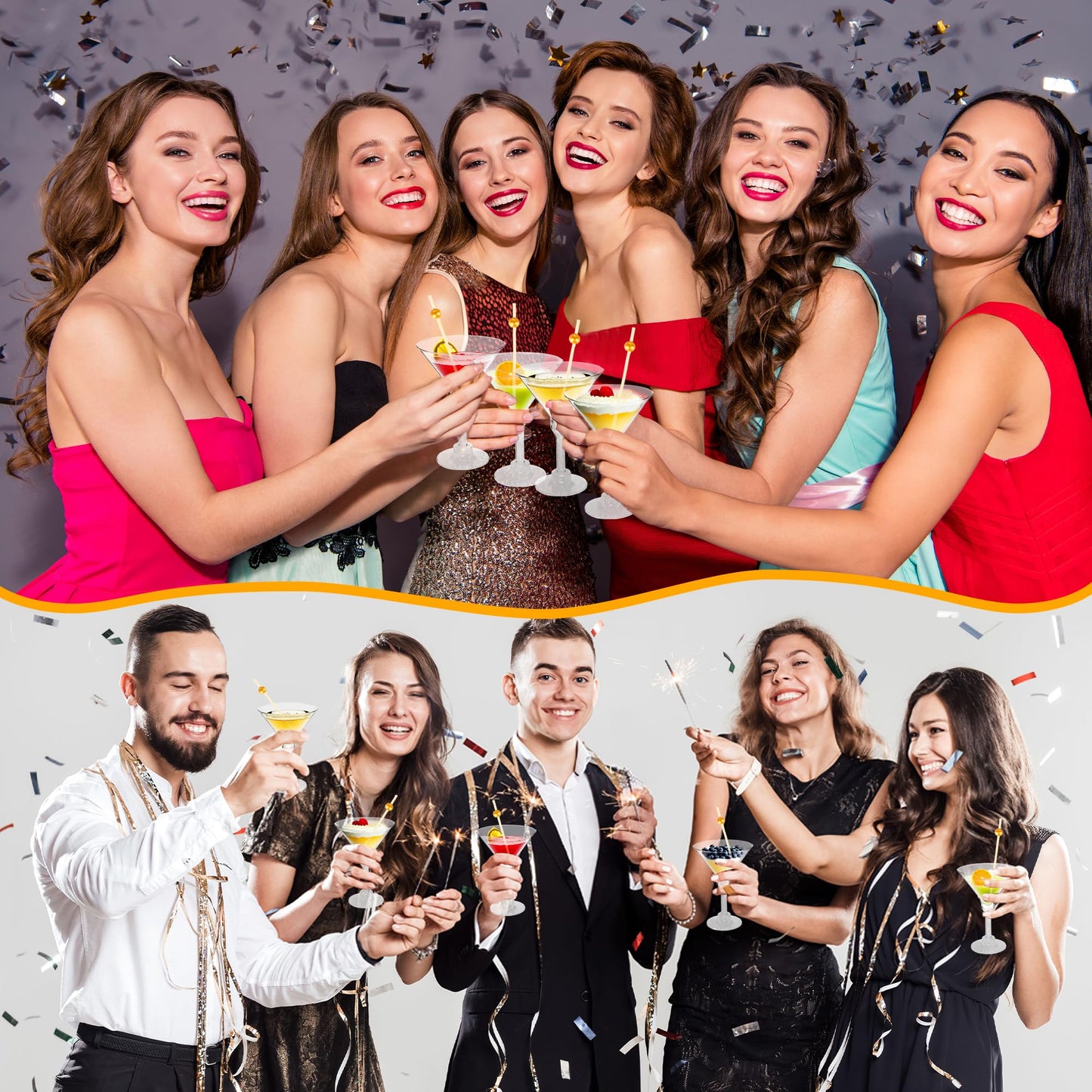 100 Pcs 5 oz Plastic Martini Glasses Set Includes 50 Pcs Tall Cocktail Glasses and 50 Pcs Short Martini Cups with 100 Pcs Cocktail Sticks for Birthday Wedding Disco Parties Wine Dessert Puddings