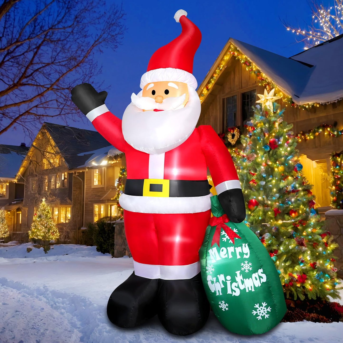 Thanger 7 FT Christmas Inflatable Santa Claus with Green Gift Bag, Blow up Santa Claus Indoor Outdoor Decoration, Built-in LED Lights for Yard Patio Garden Lawn Xmas Vacation Holiday Party Home Decor