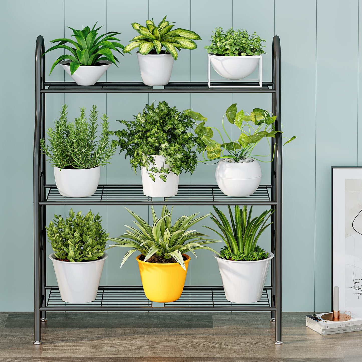 SORCEDAS Plant Stand Indoor Outdoor Plant Stands 3 Tier Metal Corner Plant Shelf Multiple Holder for Living Room Balcony Garden, Dark Grey