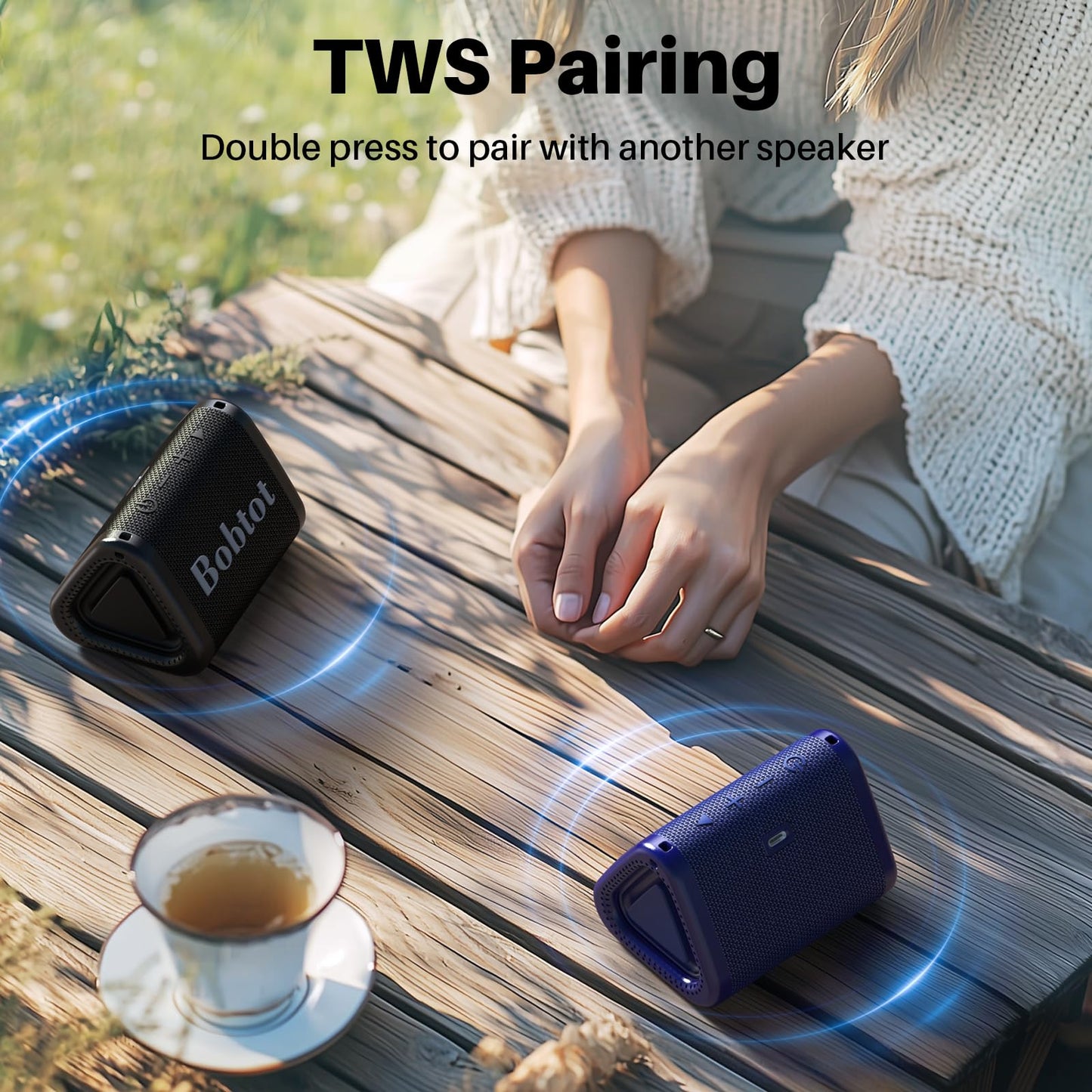 Bobtot Portable Bluetooth Speaker Wireless, IPX7 Small Shower Speaker Waterproof, 15H Playing Time, Loud and Stereo Sound with Bass, TWS Pairing for Party, Camping, Travel, Black