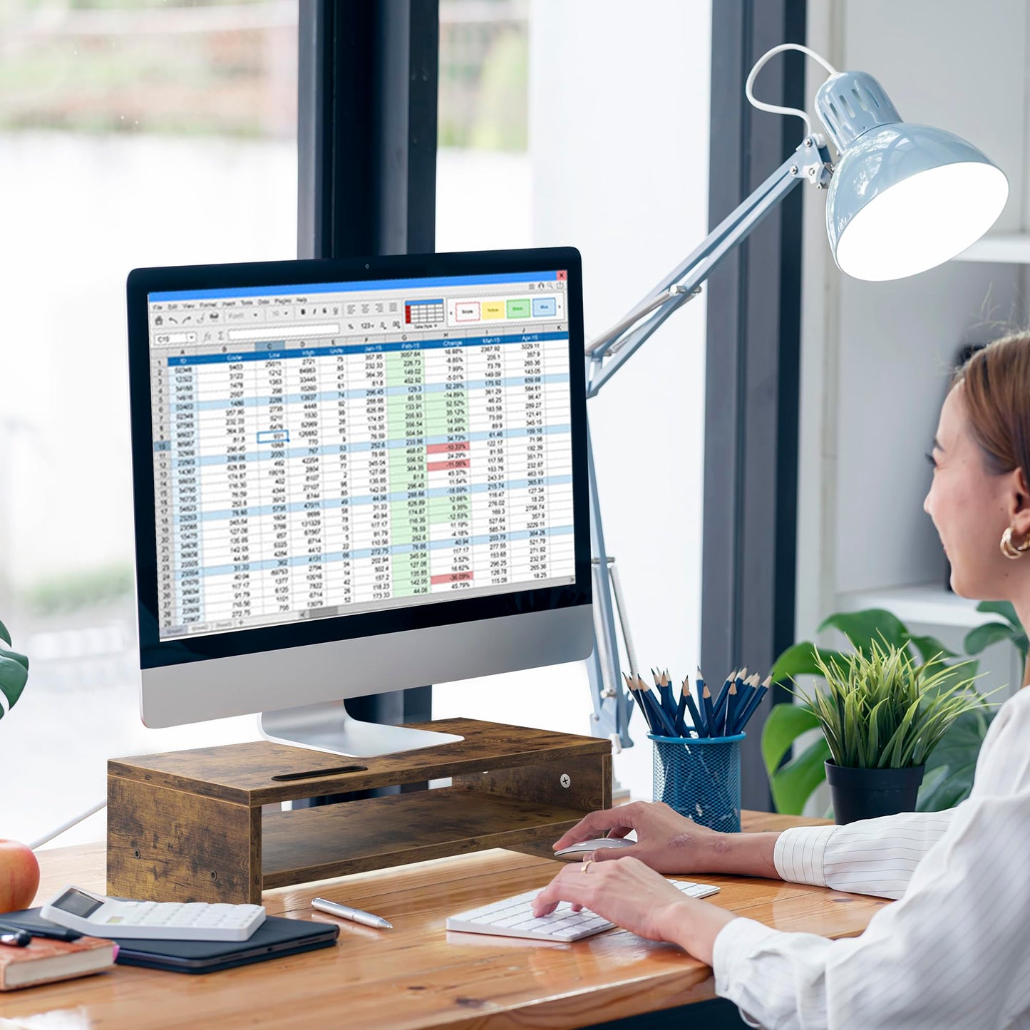 Wood Monitor Stand for Desk, 2 Tier Anti-slip Monitor Riser for Desktop with Phone Slot, Sturdy Computer Stand with Storage Shelves, Sturdy Laptop Riser Monitor Shelf, Easy to Assemble, Rustic Brown