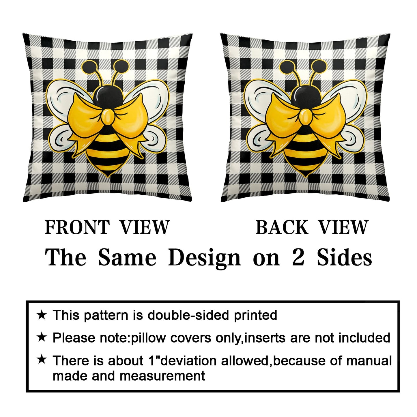 Kwlegh Yellow Bumble Bee Pillow Covers 18x18 Set of 2 Black White Buffalo Plaid Pillow Covers Summer Spring Themed Decorative Cushion Cases Home Decor for Couch Bed Holiday