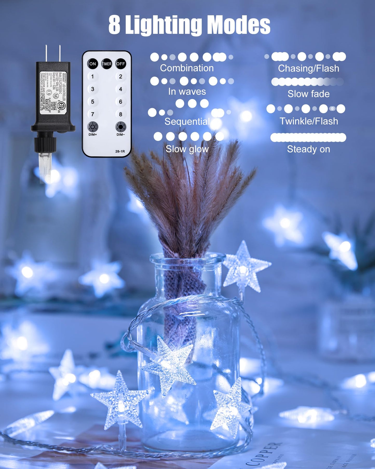 Star String Lights Plug in - 66 ft 200 LED Star Fairy String Lights with Remote and Timer, 8 Modes Waterproof for Bedroom Tent Loft Bed Window Backyard Patio Porch Balcony Party, White