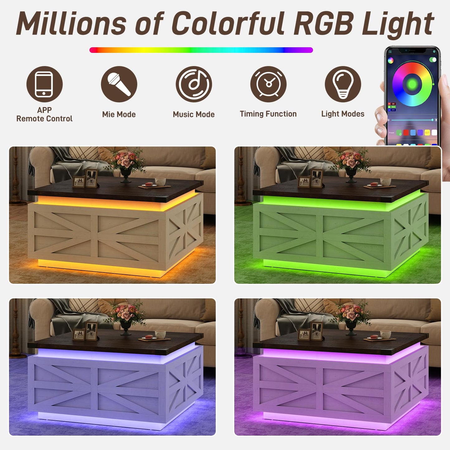 Large Farmhouse Lift Top Coffee Table with Hidden Storage Compartment, Wood Square Center Table with Charging Station&USB Ports for Living Room, White