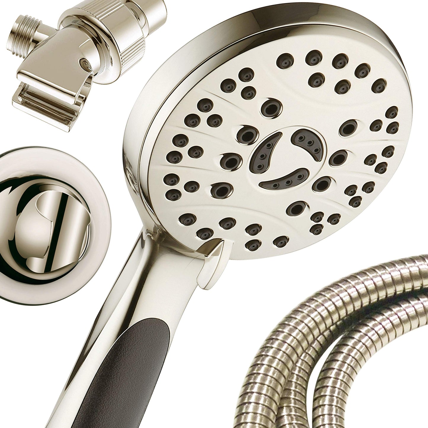 AquaSpa for California - High Pressure 6-setting Luxury Handheld Shower Head, 6 Ft Stainless Steel Hose, Anti Clog Jets, Anti Slip Grip, Top US Brand, Extra Wall Bracket - Brushed Nickel Finish
