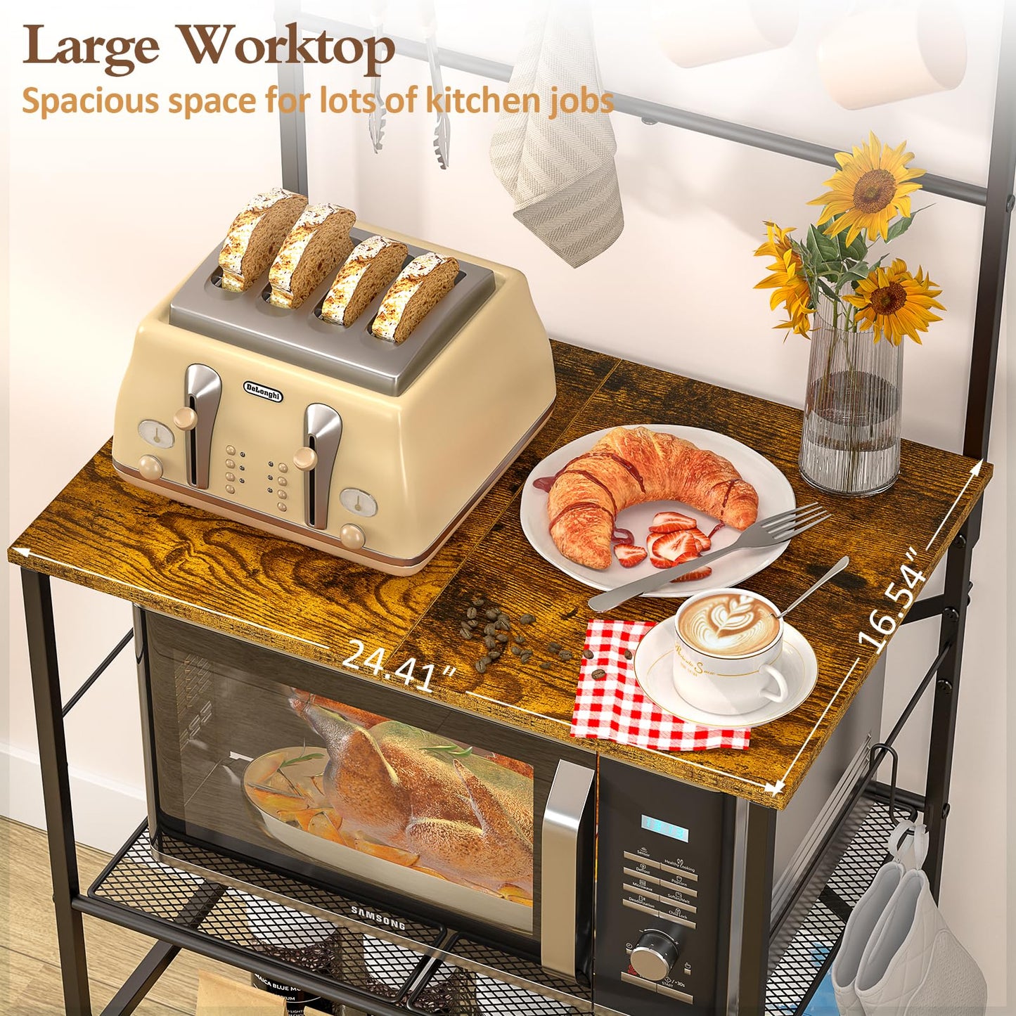 4 Tier Coffee Bar Station, Kitchen Stand with 8 S-Shaped Hooks, Large Space Coffee Station Table, Farmhouse Coffee Bar Shelf, Bakers Rack for for Kitchen, Living Room, 24.41" W x 15.78" D x 57.17" H