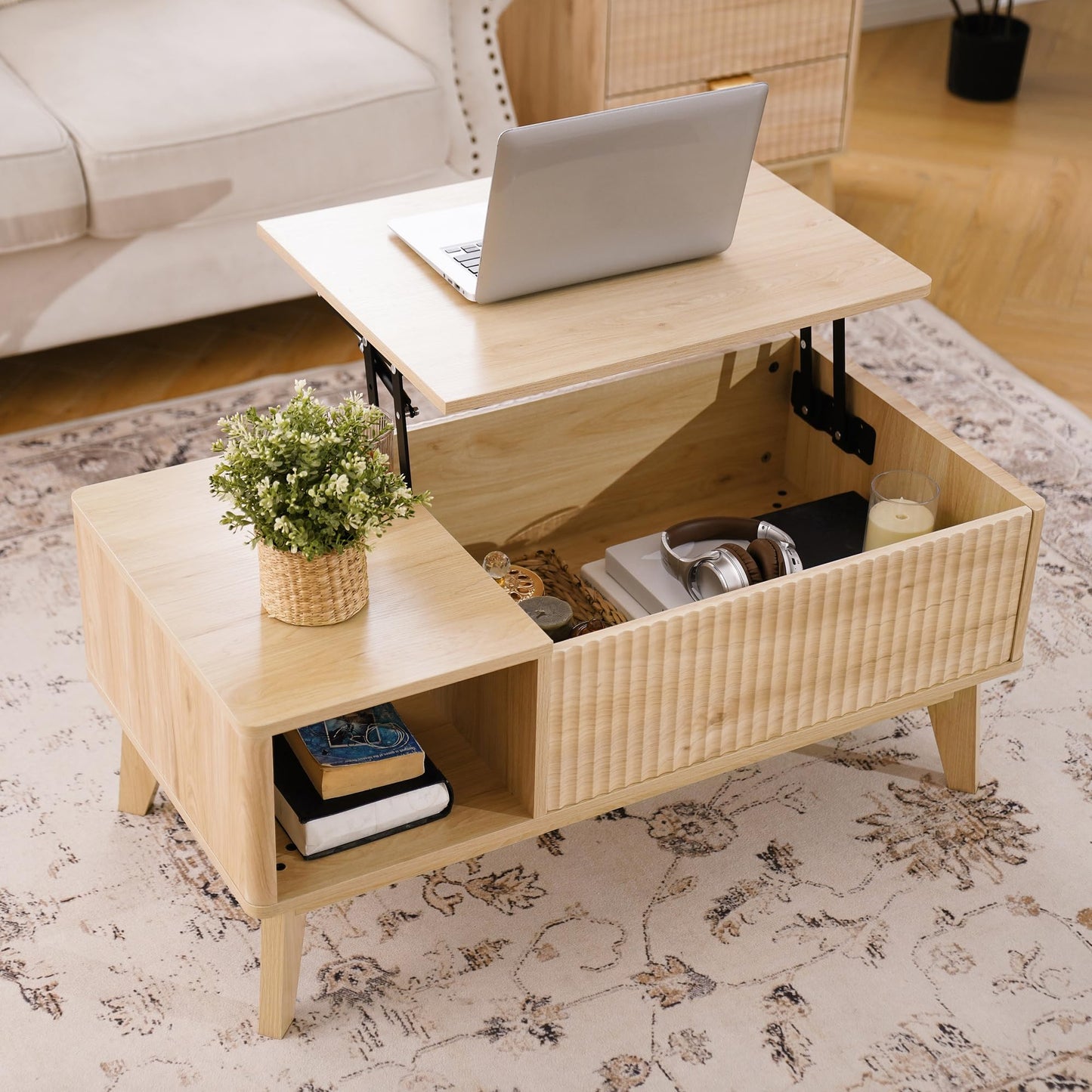 LYNCOHOME Fluted Lift Top Coffee Table with Hidden Compartment, Modern Center Table for Living Room, Home Office, Natural