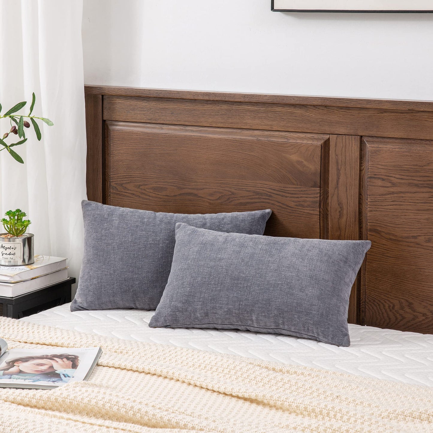 GAWAMAY Lumbar Support Pillow Decorative Rectangle Throw Pillow Covers 12"x20" Inch Set of 2, Soft Chenille Fall Pillowcase for Living Room Bedroom Sofa Couch Cushion Cover Grey 30x50cm (No Insert)