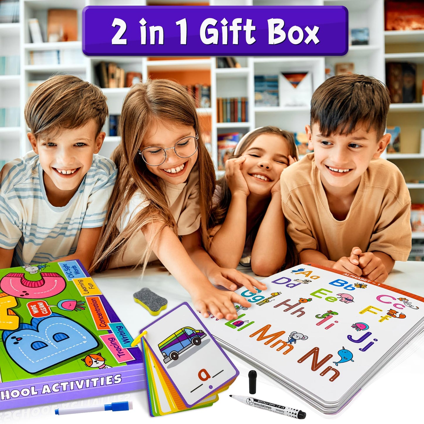 HOQEEWIPE Preschool Learning Activities - Reusable Handwriting Tracing Books for Kids, PreK Kindergarten Workbooks, CVC Word Game, Numbers & Alphabet Educational Learning Toys for 3, 4, 5, 6 Year Old