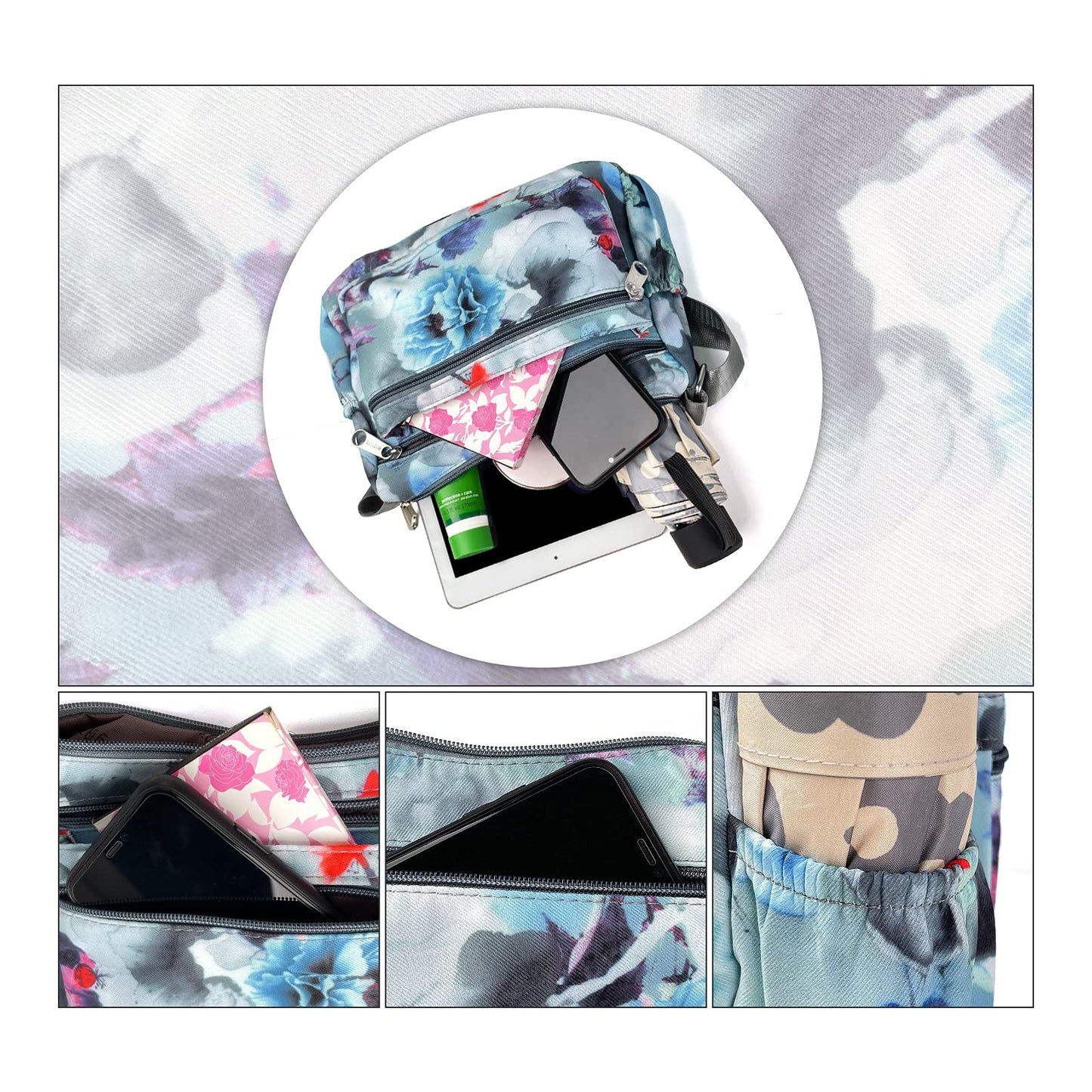 NOTAG Shoulder Bags for Women Nylon Floral Crossbody Purses Water Resistant Messenger Bags Pocketbooks (BJY)