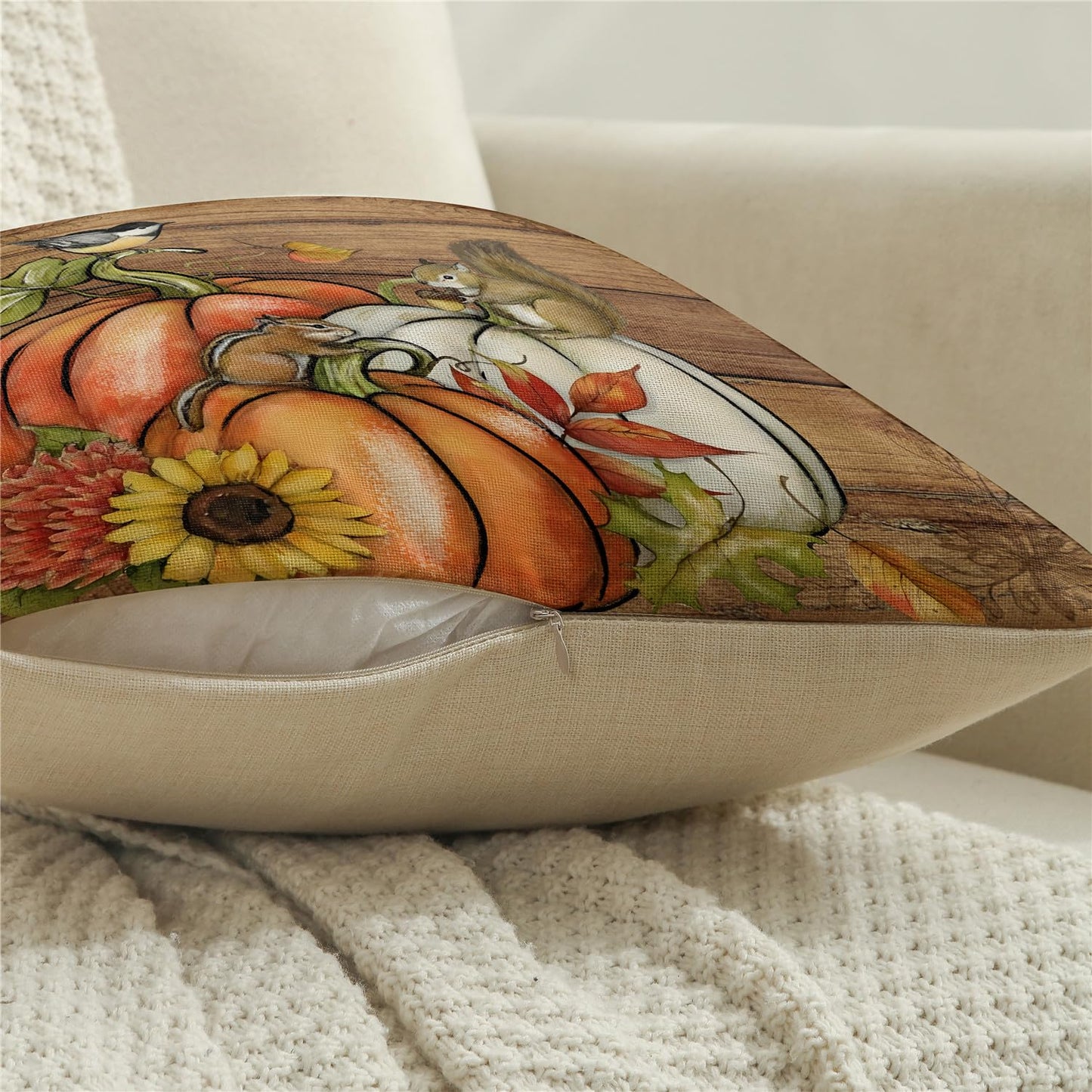 NIGHTWISH Fall Pillow Covers 18x18 Set of 4 Thanksgiving Decorations Squirrel Chestnut Pumpkin Outdoor Fall Decor Throw Pillow Covers Wood Striped Farmhouse Harvest Autumn Cushion Case for Sofa Couch