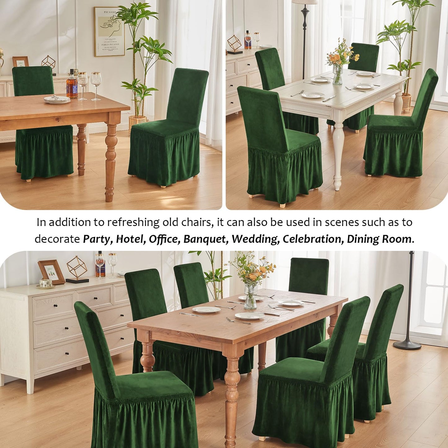 NICEEC Spandex Chair Covers for Dining Chairs Covers Set of 6 Removable Dining Room Chair Covers with Skirt Parson Chair Slipcovers Washable Chair Protector for Kitchen Wedding Party Banquet(Green)
