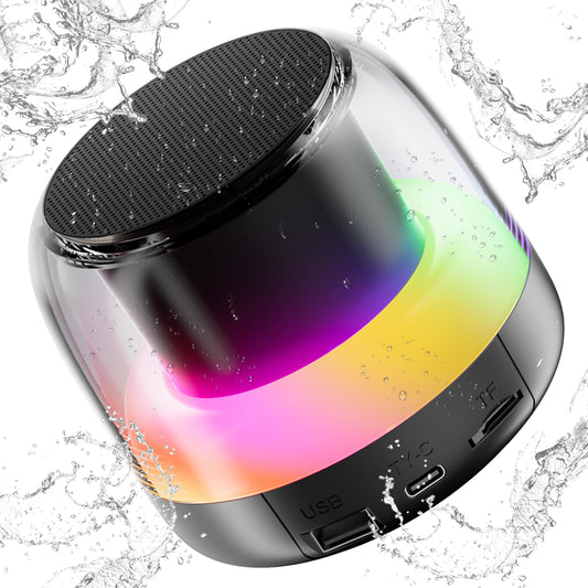 PRSCFUM Bluetooth Speaker, Mini Speaker with RGB Lights, 4H Playtime with Stereo Sound Bass, TF-Card USB, IPX7 Waterproof True Wireless Pairing for Travel, Sport, Party, Black