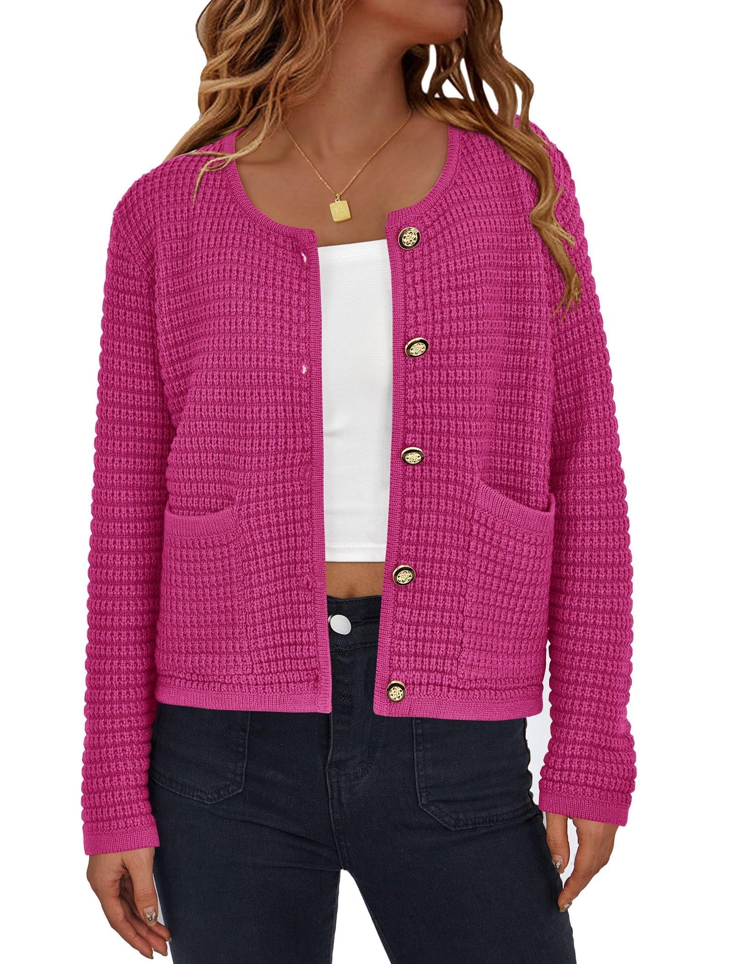 PRETTYGARDEN Women Knit Cardigan Sweaters Fall Fashion Long Sleeve Open Front Button Down Trendy Casual Jacket Winter Clothes (Rose Red,Small)
