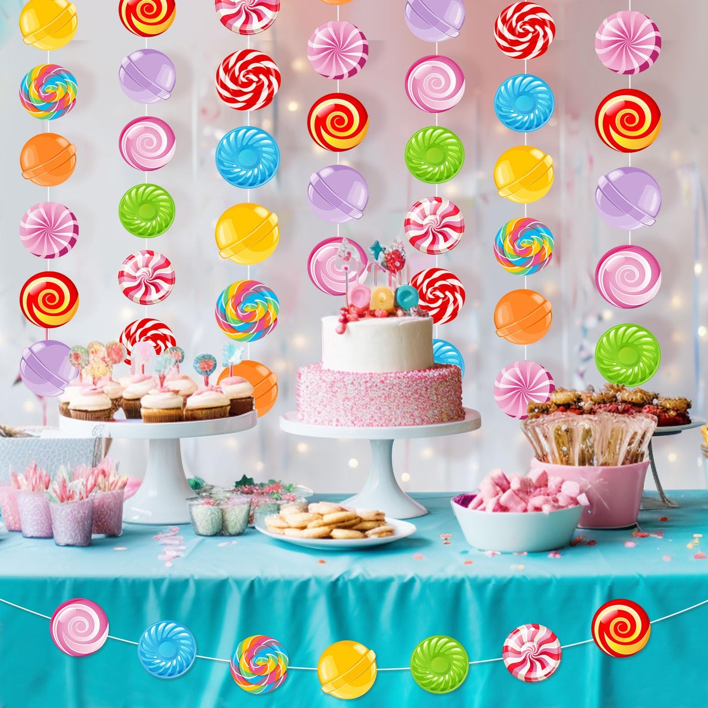 8pcs Candyland Party Decorations Candy Garland Banner Gumdrop Decorations Giant Candy Hanging Swirl Candy Land Theme Birthday Party Decorations Lollipop Baby Shower Party Decorations
