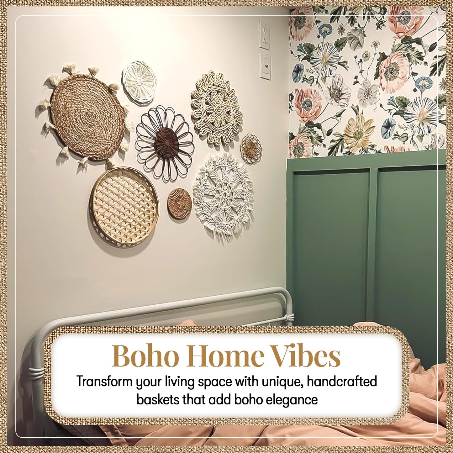 Boho Wall Basket Decor Set of 8 – Handmade Woven Seagrass & Rattan Wall Decor with Macrame Tapestry – Flat Round Boho Wall Art for Living Room, Bedroom, Kitchen, Wedding or Bohemian Wall Display