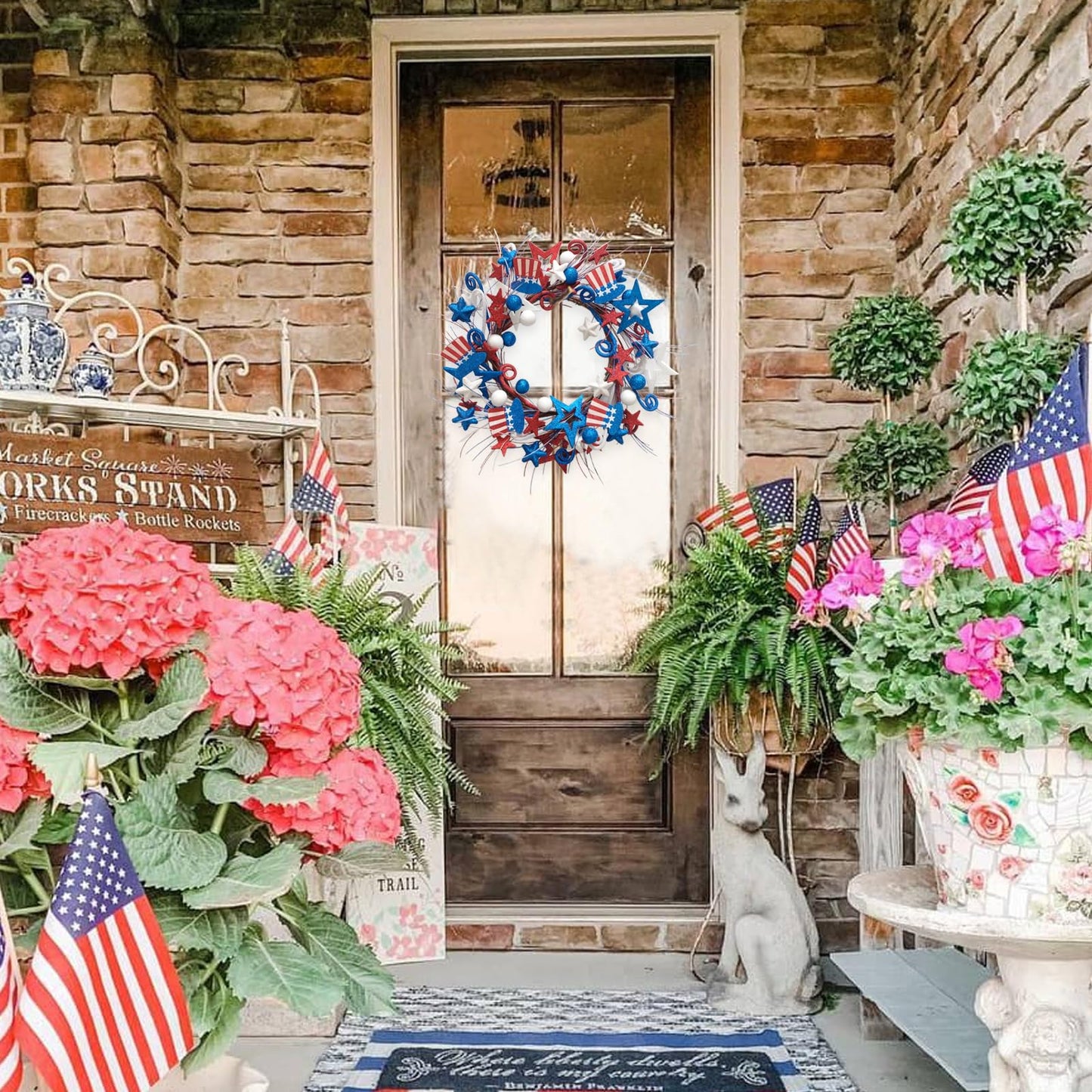 Bibelot 20in Red White Blue Artificial Floral Twig Wreaths American Flag Wreath Patriotic Decorations Wreaths 4th of July Independence Day Flag Day Hanging Decoration