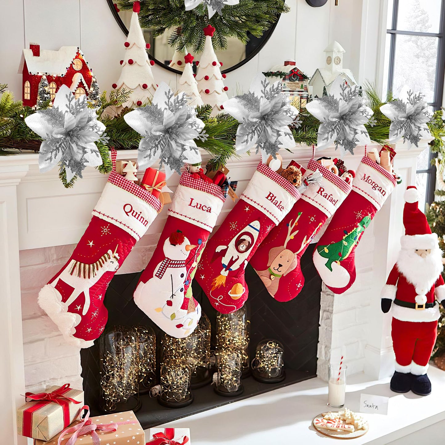 14PCS Christmas Tree Decorations Poinsettias Artificial Flowers-5.5“ Glitter Poinsettia Artificial Flowers with 14pcs Clips Glitter Poinsettia Christmas Ornaments for Xmas Party Ornaments and Decor