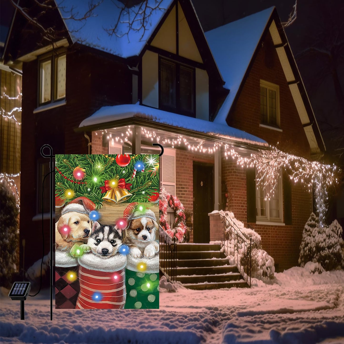 Merry Christmas Cute Cat Kitty doggy Garden Flag Decor, Winter Yard Flag Outdoor with Led String Lights, 12x18 Double-Sided House Flags for Farmhouse Outdoor Decoration