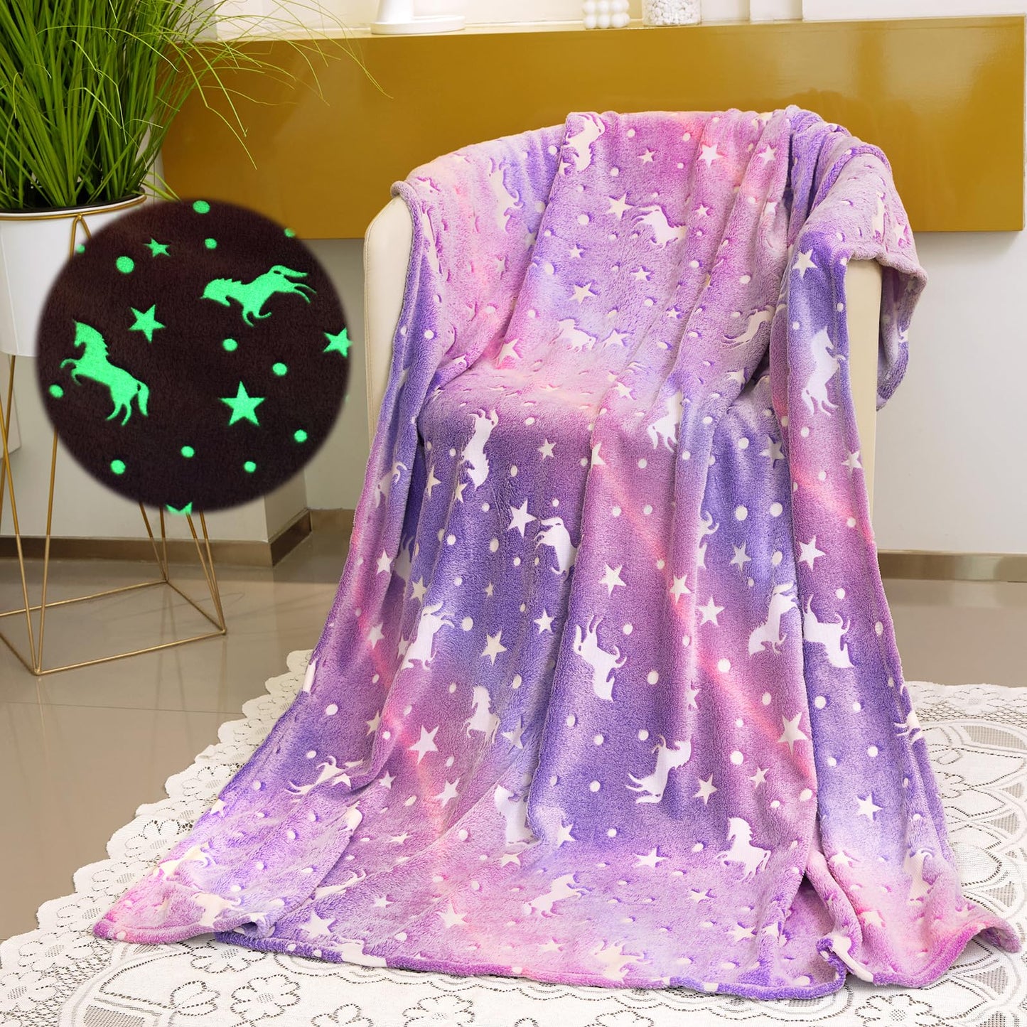 Unicorn Blanket for Girls, Glow in The Dark Blankets for Kids, 50" x 60" Rainbow Throw Blanket Soft Fleece Luminous Toddler Blanket Birthday Gifts for Age 2 3 4 5 6 7 8 9 10 11 12 Year Old, Purple