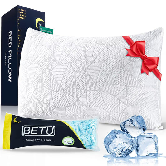 BETU Cooling Standard Pillow, Shredded Memory Foam Cool Pillow for Hot Sleepers, Adjustable Gel Firm Soft Support Bed Pillows Perfect for Back Neck Pain and Side Sleeping with Pillow Case Cover, White
