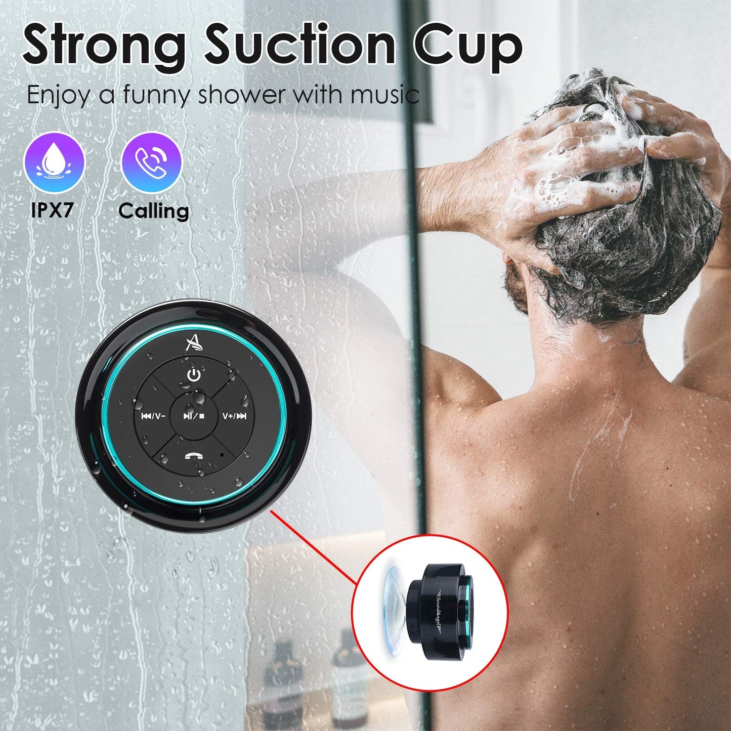 XLeader, Upgraded, Pro Shower Speaker, Certified IPX7 Waterproof Bluetooth Speaker with Suction Cup, Hook Clip, Built-in Mic, Crystal Sound&Rich Bass, up to 12H Playtime, Ideal Gifts - SoundAngel Mate